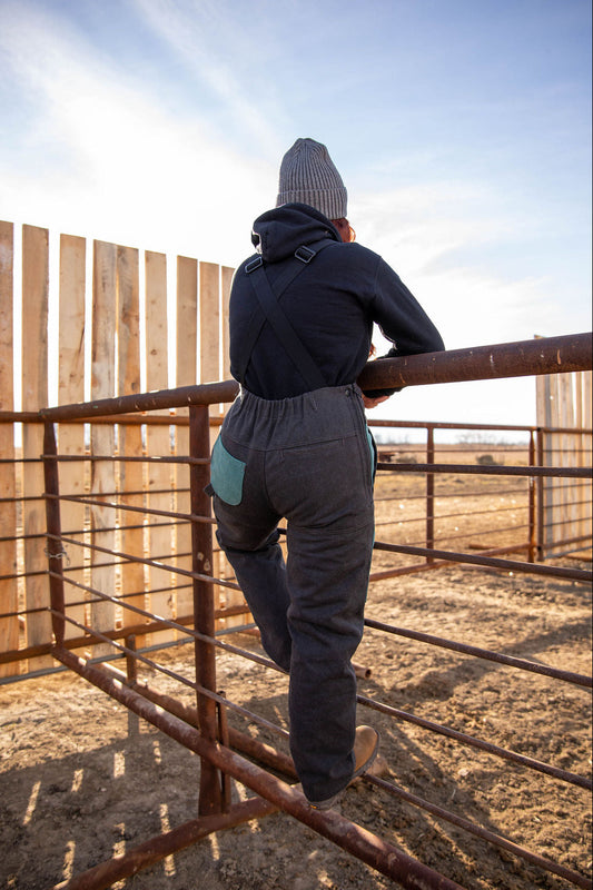 Person standing on a metal fence in an open field with blue sky in the background.