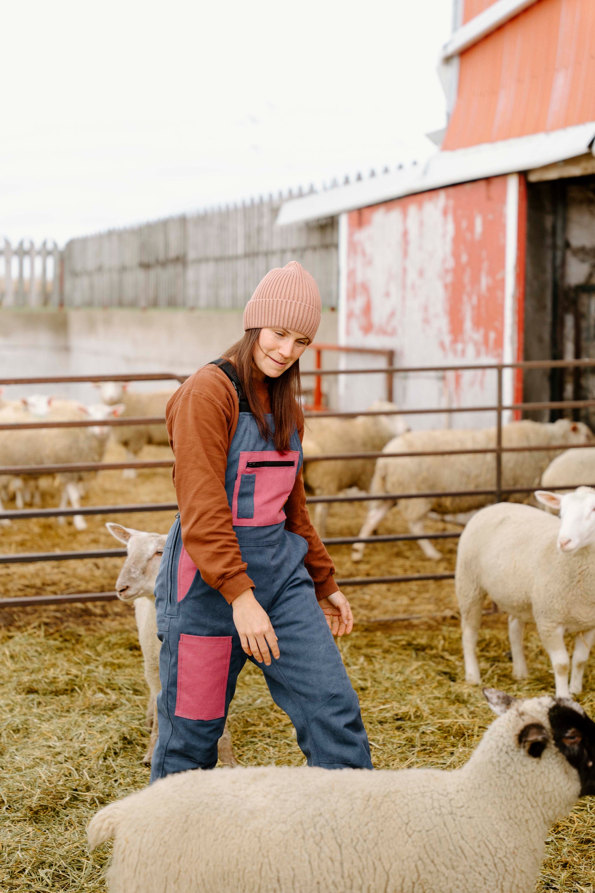 Woman in a barn with sheep