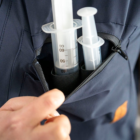 Women's Overalls With Front Pocket Syringe Holders  